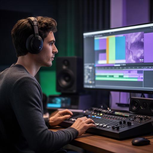 Especialista de postproducción trabajando con una edición audiovisual en un estudio