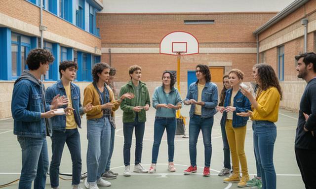 Grupo de jóvenes actores ensayando una escena en un patio escolar de Castilla y León